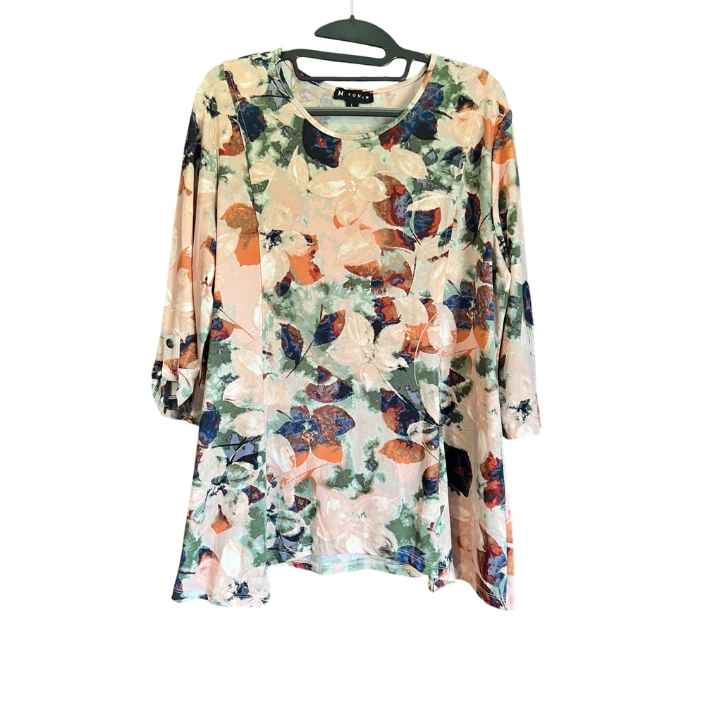 Floral Tunic Top Womens Large Pink Green Roll Tab Sleeve Sharkbite Hem Cottage